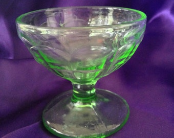 Green Vaseline Glass Sherbet Cup, Hazel Atlas Colonial Block Pattern Circa 1930s Depression Glass, Block Optic, Footed Single Scoop Serving