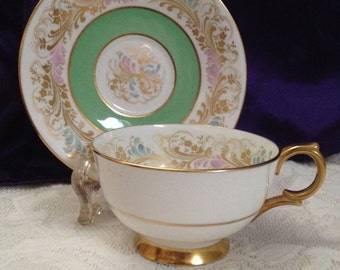 Clarence Bone China Teacup, Saucer, Mint Green Banding, Gold Floral Flowing Brocade Design, Gold Gilt Foot and Handle, English Teacup