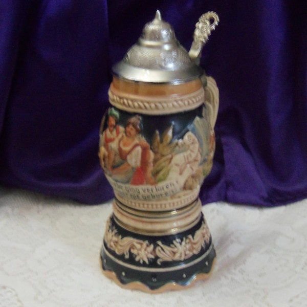 Vintage German Musical Beer Stein, DBGM Barrel Shaped 8-1/4 Inch Tall, Pewter Lid, Swiss Couple