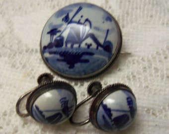 Delft Holland Brooch, Screwback Earrings, Hand Painted Porcelain, 835 Silver, Early 1900s Vintage Dutch Windmill Collectible Jewelry