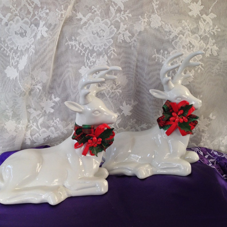 White Ceramic Reindeer 1988 Christmas Decor Statues Plaid Etsy