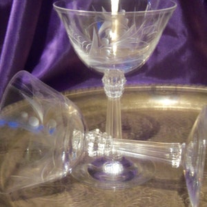 Fostoria Champagne Glasses, Set of Two Cynthia Pattern, Heavy Crystal, Faceted Stems, Vintage 1950s Barware
