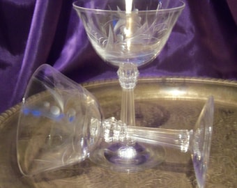 Fostoria Champagne Glasses, Set of Two Cynthia Pattern, Heavy Crystal, Faceted Stems, Vintage 1950s Barware