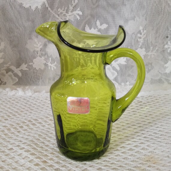 Viking Small Art Glass Pitcher Vase Olive Green Decor - Handled Glass Jug Vase Viking Small Art Glass Pitcher Vase Olive Green Decor - Handled Glass Jug Vase