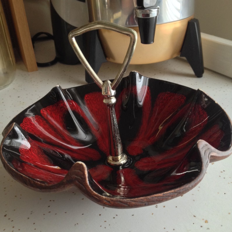 USA Pottery Candy Dish, Black, Crimson Flower Shaped Ceramic, Center