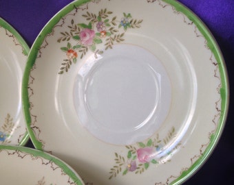 Japan Saucers, Hand Painted Pale Yellow, Mint Green Border, Purple, Pink, Blue Floral, Shabby Cottage Decor, Set of Four