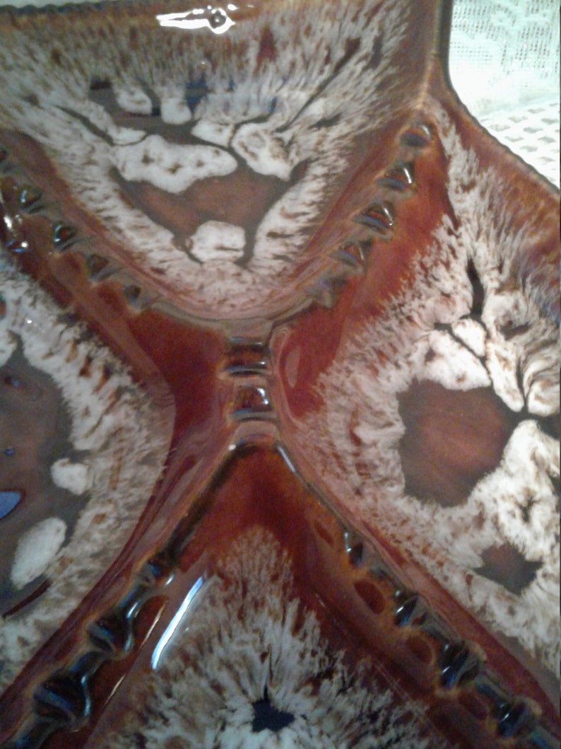 USA Pottery Ashtray, Large Centerpiece, Brown, Cream Drip Glaze, 70s