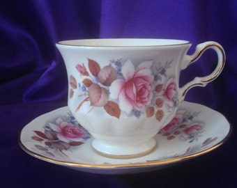 Vintage Queen Anne England Bone China Teacup and Saucer Set Pink Rose Floral, Blue Forget-Me-Nots, A 57 6 Pat no 8521