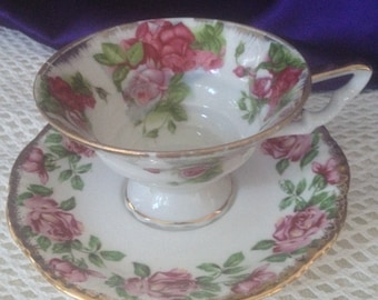 Pink Rosebuds Teacup and Saucer Set, Footed Ringed Cup, Salisbury Bone China England, Shabby Cottage Porcelain Collectible,  SLS13