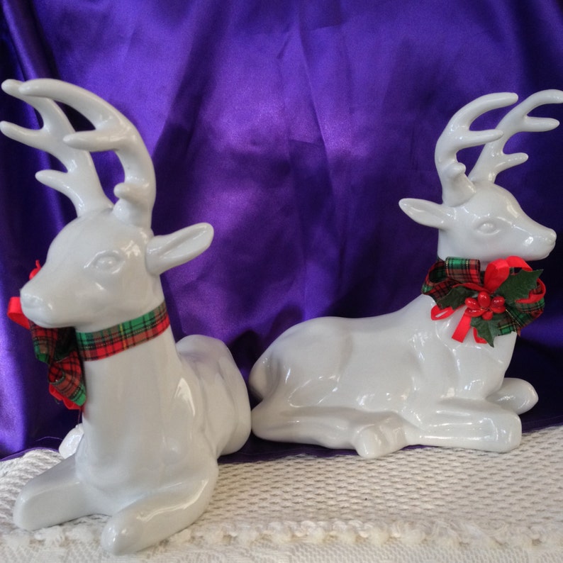 White Ceramic Reindeer 1988 Christmas Decor Statues Plaid | Etsy