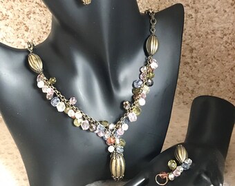 Vintage Bijoux Terner Aurora Borealis Cha Cha Bead Necklace, Dangle Earrings, Acrylic Beaded Brass Link Chain, 10kt Lever Back, Chunky Glam