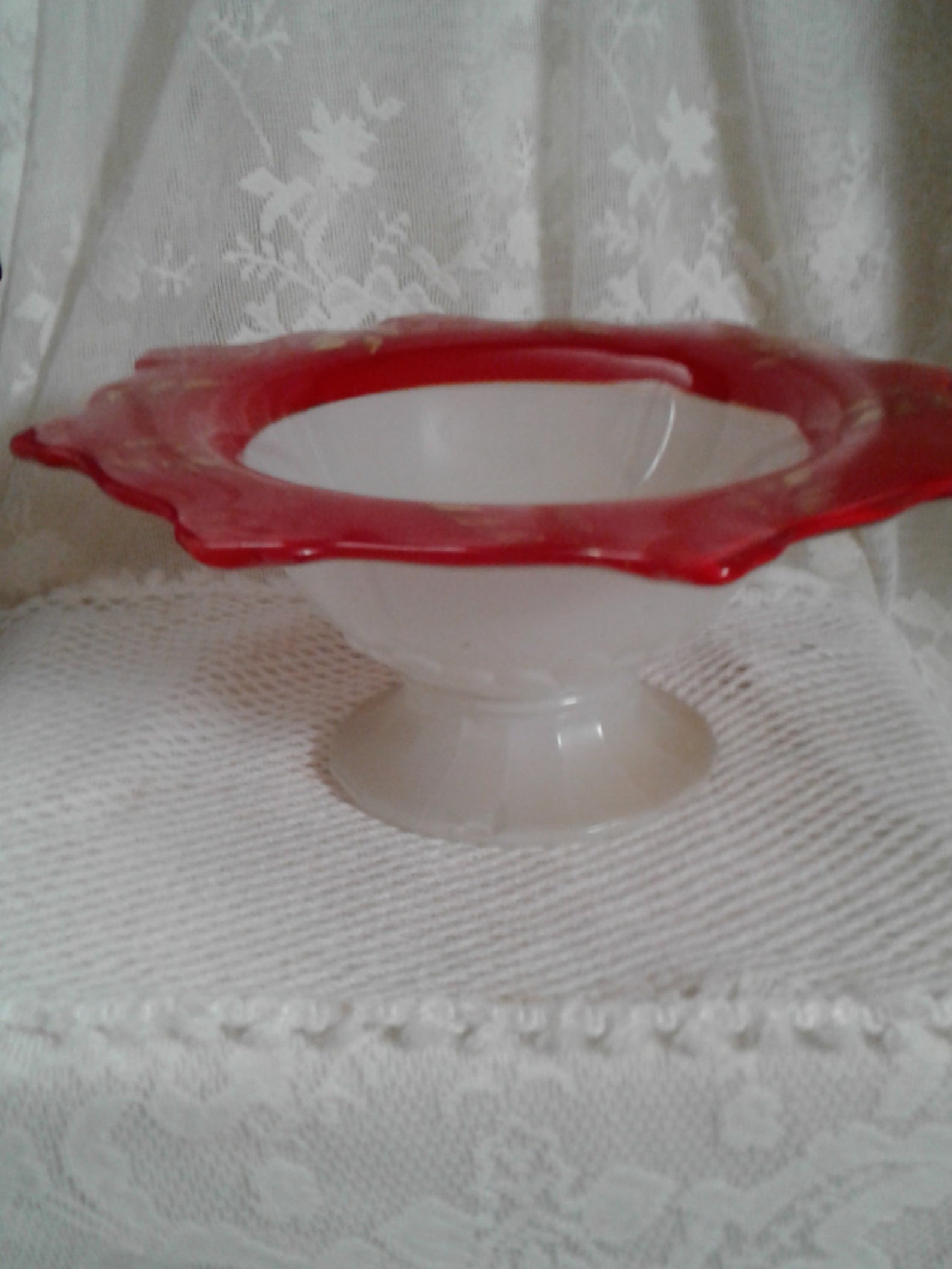 Art Deco Moderne Classic Cased Glass Pedestal Bowl, White, Red, Gold