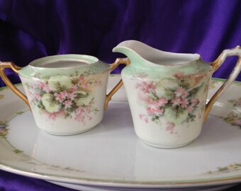 Antique KPM Sugar Bowl & Creamer, Hand Painted Bone China, Artist Signed, Mint Green Band, Pink Floral