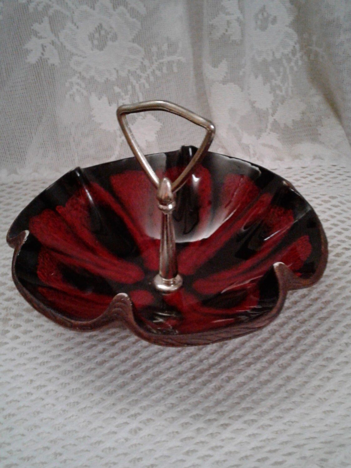 USA Pottery Candy Dish, Black, Crimson Flower Shaped Ceramic, Center