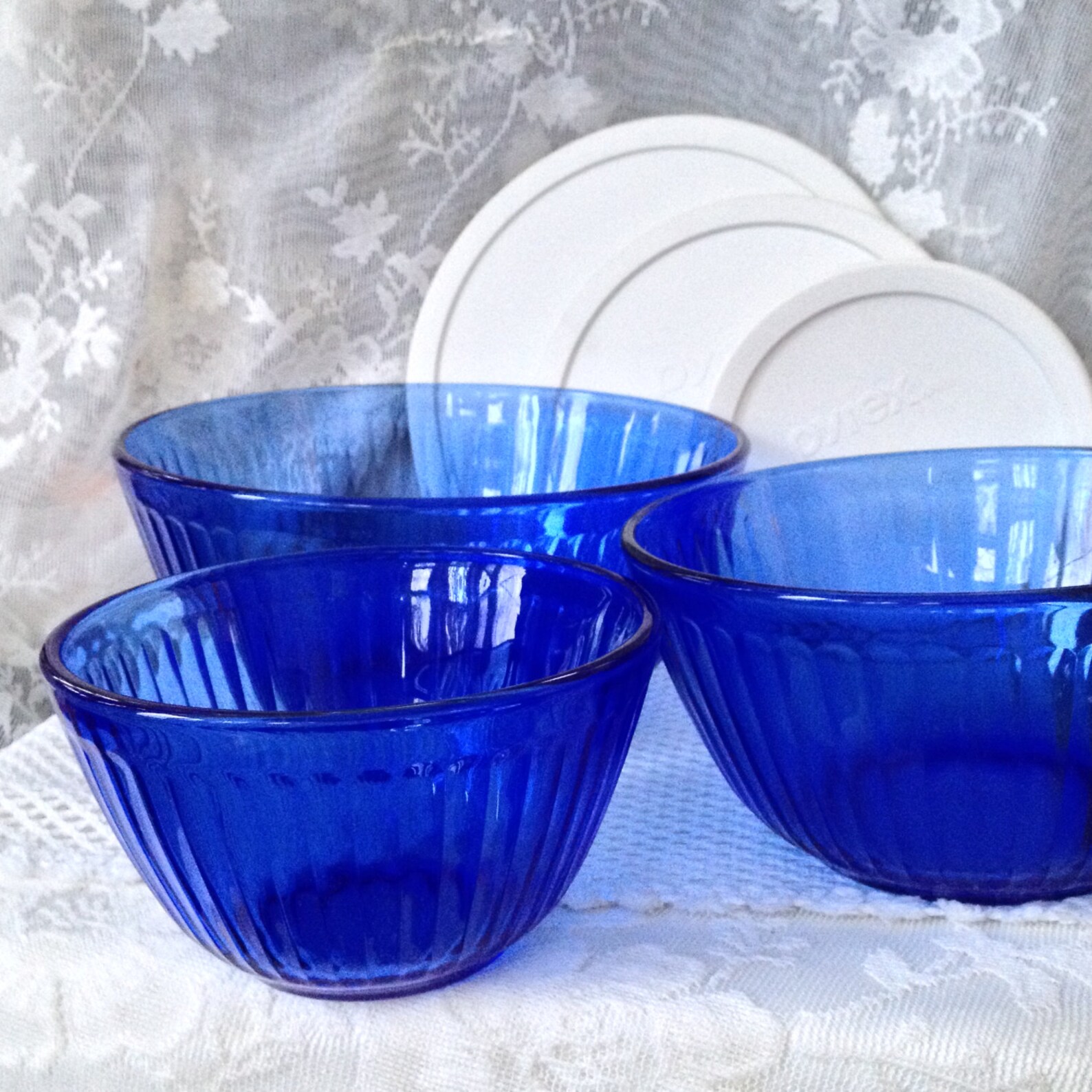 Pyrex Cobalt Blue Glass Mixing Bowls Ribbed Design Set of Etsy