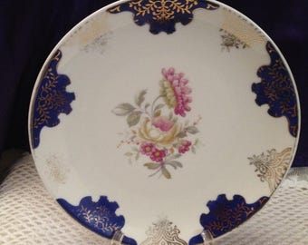 Eschenbach Display Plate Cobalt & Floral Decoration, Bavarian China, Cottage Chic Vintage Cabinet Plate, 1930s - 40s