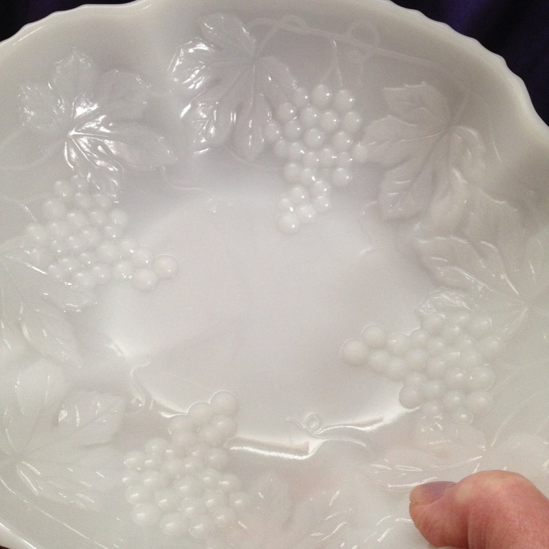 Milk Glass Serving Bowl Embossed Grapes Leaves Vegetable Etsy