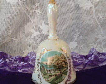 Currier & Ives Lusterware Bell, Japan, The Homestead in Spring, Fine Porcelain Collectible