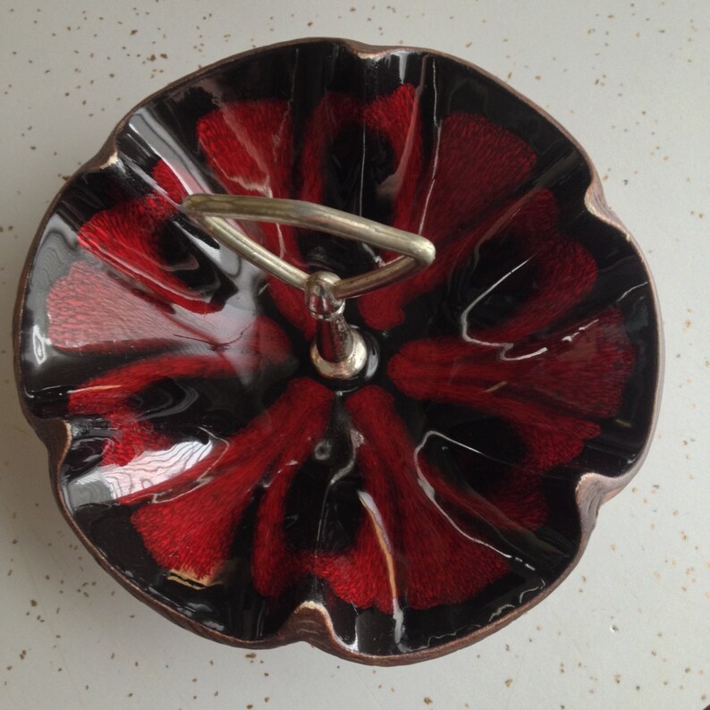 USA Pottery Candy Dish, Black, Crimson Flower Shaped Ceramic, Center
