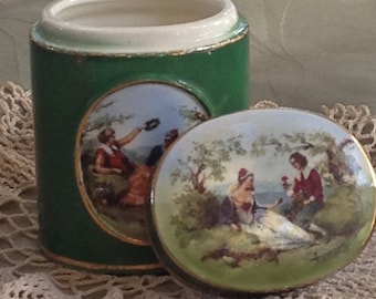 Porcelain Container with Lid, Signed Oval, Forest Green Germany 1930s, Limoges, Fragonard Style, Snuff, Match Holder, Mints