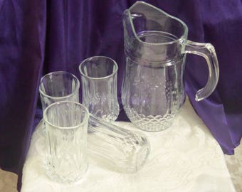Cristal d'Arques Jarra Longchamp + 4 vasos, té helado, juego de limonada de cinco cristales transparentes, patrón de diamantes, barra vintage, servicio de verano