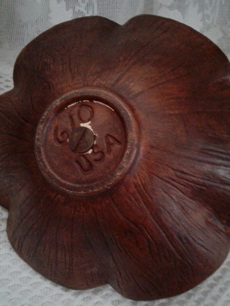 USA Pottery Candy Dish, Black, Crimson Flower Shaped Ceramic, Center