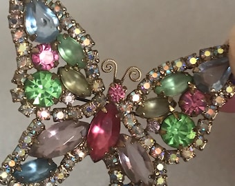Vintage Rhinestone Butterfly Brooch, Beautiful Spring Colors, 1960s, Weiss, Kramer, Juliana Style.