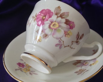 Clare Bone China Teacup, Pink and White Blossoms, Gold Trim, Footed Teacup and Saucer, Vintage Shabby Cottage Decor