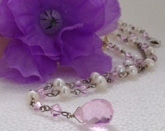 Vintage Baroque Pearl Pink Swarovski Crystal Lavalier Necklace 925 Sterling Silver Lobster Claw Clasp