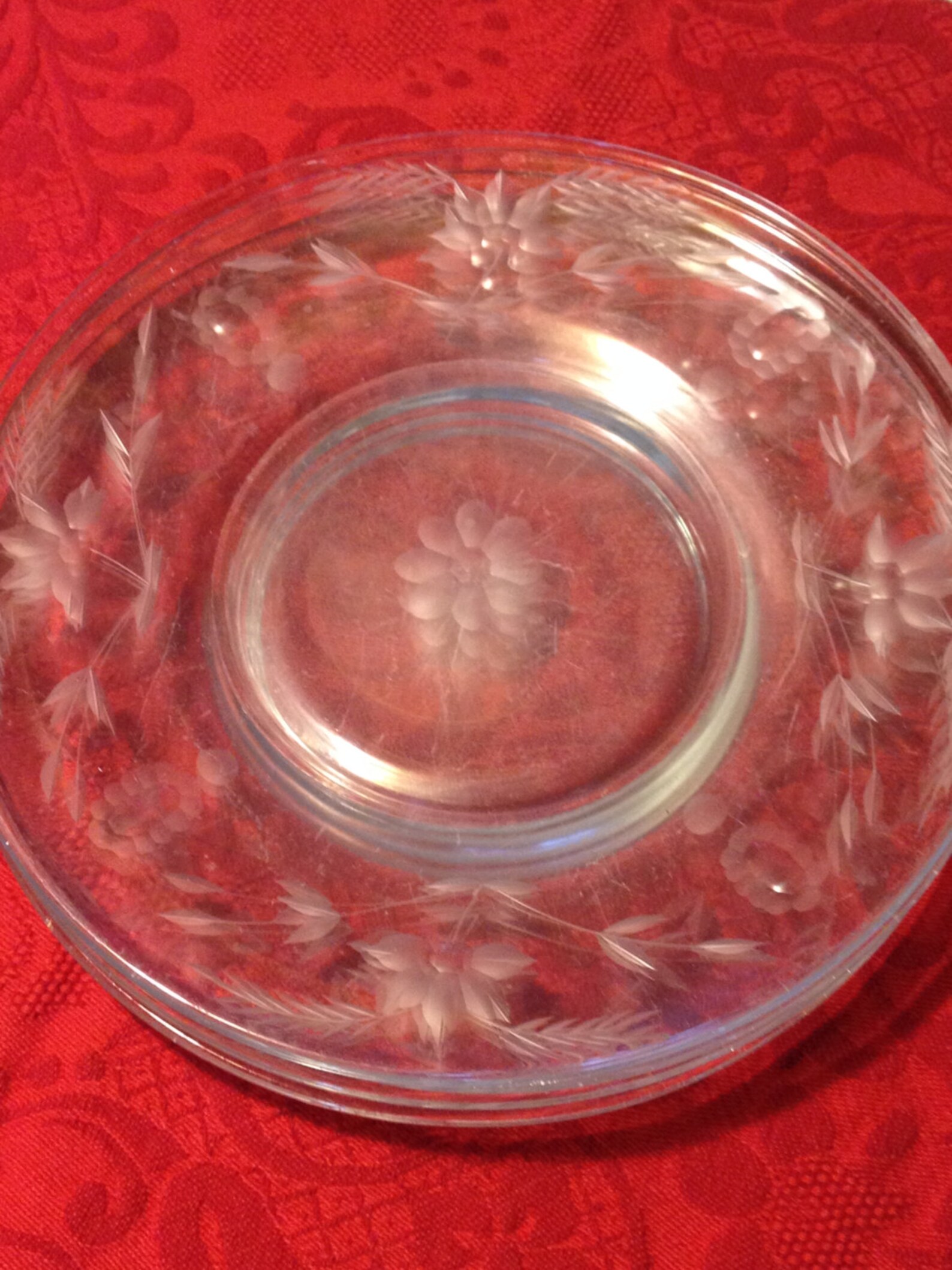 Wheel Etched Clear Glass Luncheon Plates Floral Wheat Leaf Etsy