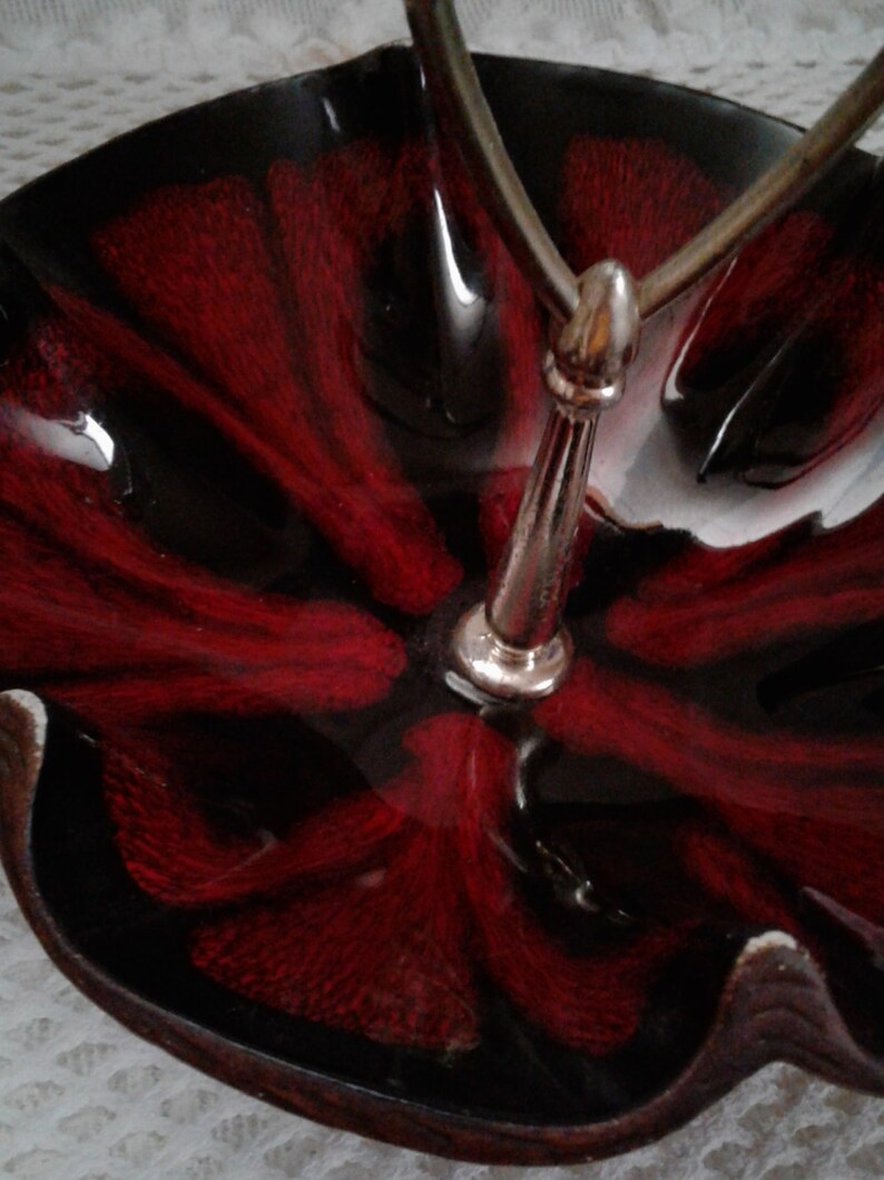 USA Pottery Candy Dish, Black, Crimson Flower Shaped Ceramic, Center