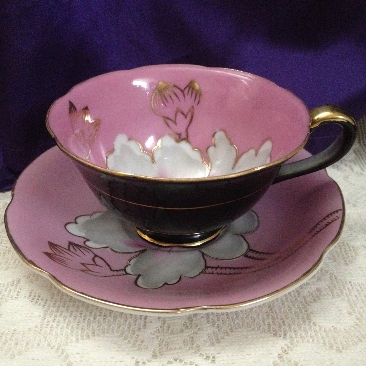 Royal Sealy Japan Teacup & Saucer Black Bubble Gum Pink