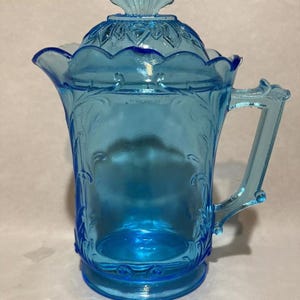 Antique Westmoreland Belgian Blue Scrolled Spray Creamer w/ Lid c 1893