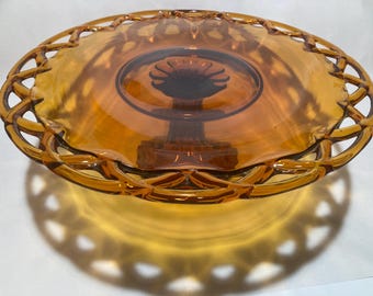 Vintage Indiana Glass  Colony Amber Open Lace Edge Cake Stand
