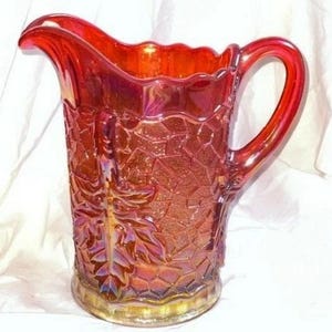 Mosser Glass Pitcher Maple Leaf Amberina  Pink Red Marigold Carnival