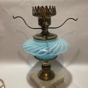 Vintage Fenton Aqua Swirl Glass Table Lamp Marble Base- No Shade