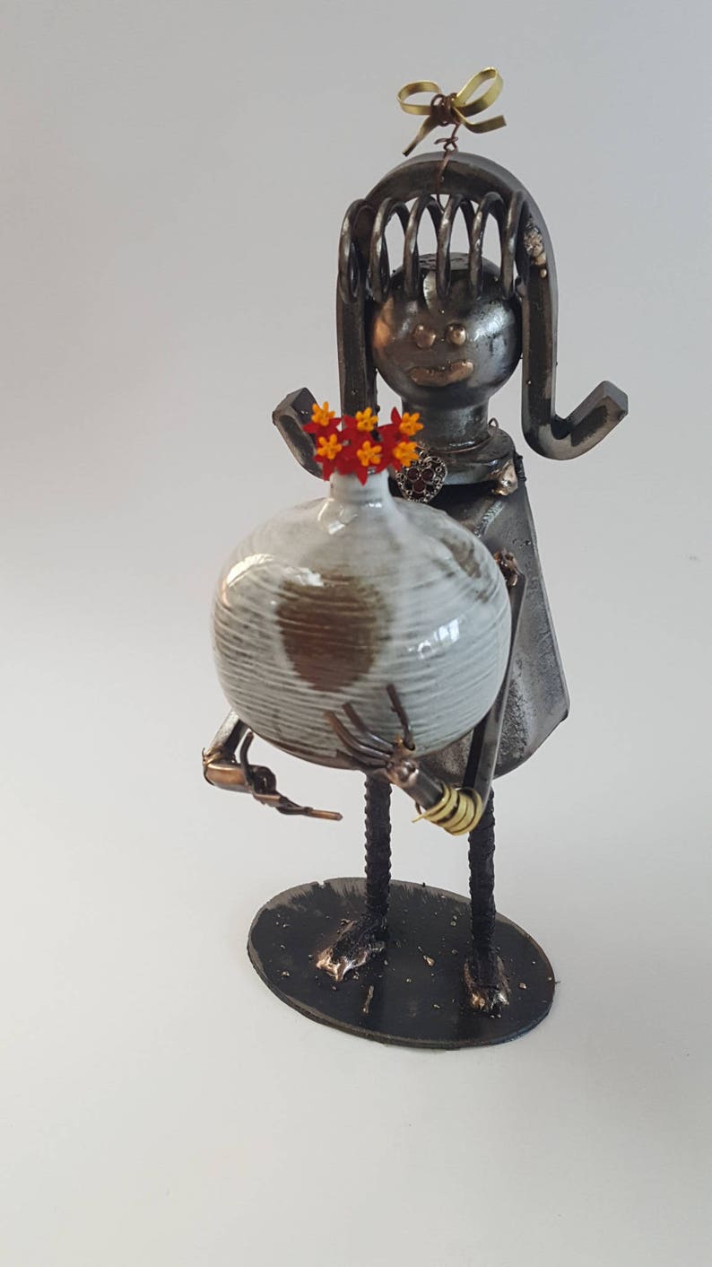 Welded Modernist Girl Sculpture with Vintage Pottery Weed Vase image 2