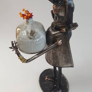 Welded Modernist Girl Sculpture with Vintage Pottery Weed Vase image 3