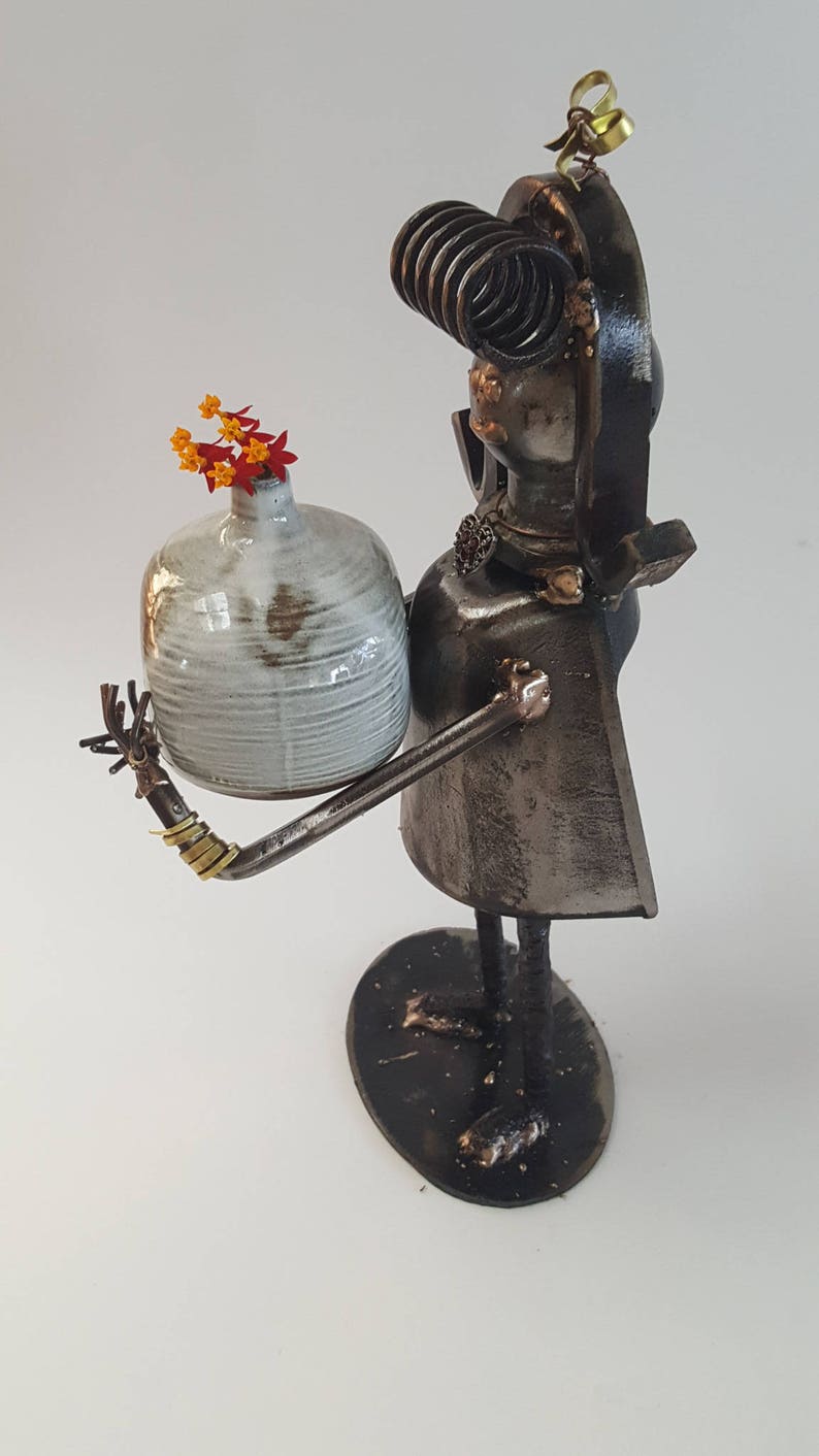 Welded Modernist Girl Sculpture with Vintage Pottery Weed Vase image 3