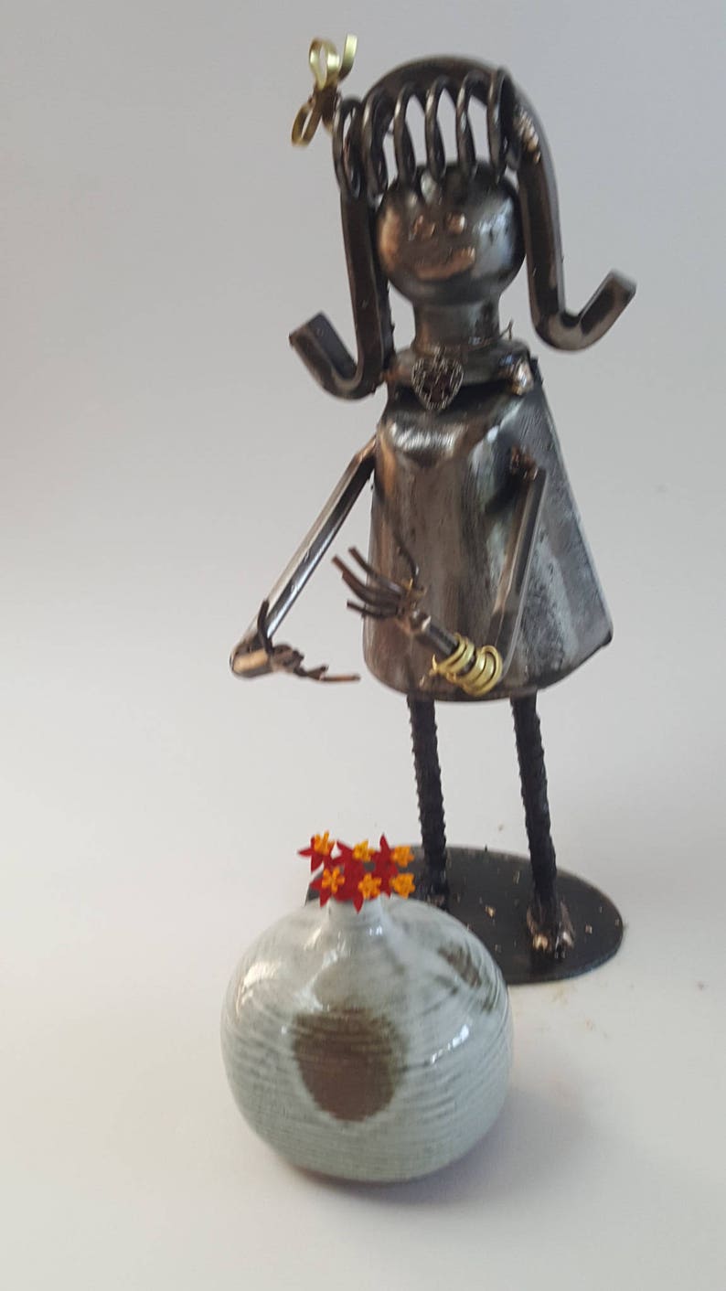 Welded Modernist Girl Sculpture with Vintage Pottery Weed Vase image 5