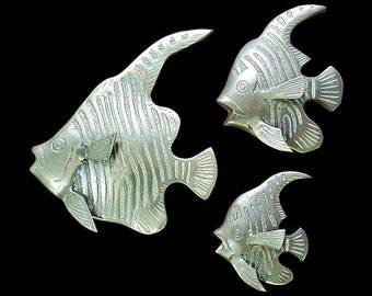 Set of 3 Vintage Brass Fish Wall Art Sculptures