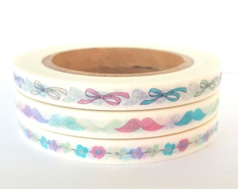 Set of 3 skinny washi tapes - flowers, bows and mustaches | pastel colors
