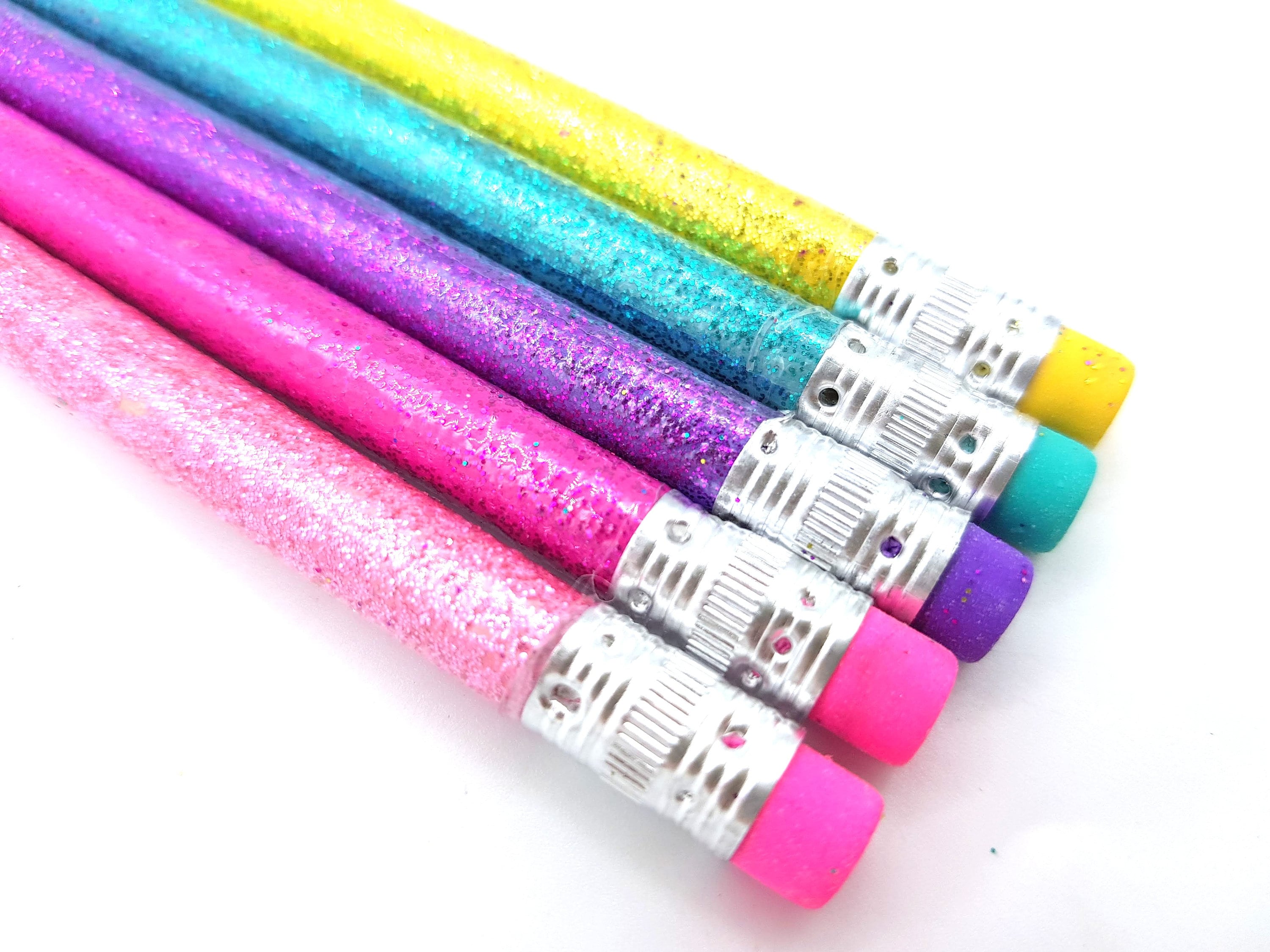 5 Candy Color Glitter Pencils, Pink, Purple, Yellow & Blue Rainbow Pencil  Including Erasers Sugar Coated Glitters 