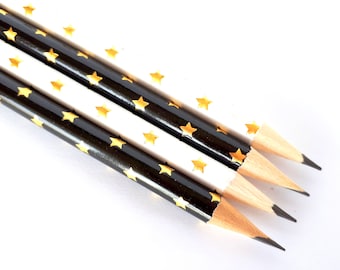 Set of 4 black and white pencils with gold foil stars | pretty pencils | monochrome