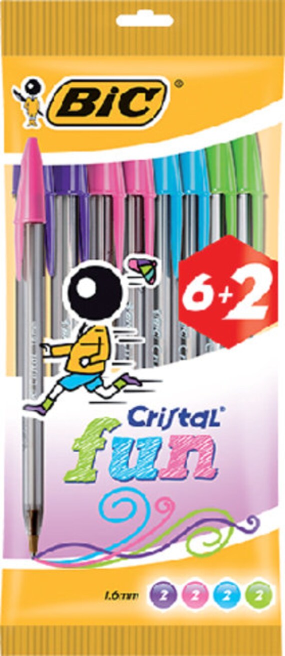 8 BIC Cristal Fun Ballpoints Pen Pink, Blue, Purple and Green Color Pens 