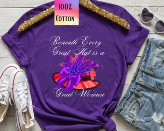 Red Hat saying that says "Beneath Every Great Hat is a Great Woman" Red Hat Cotton Tee  red hatter gift