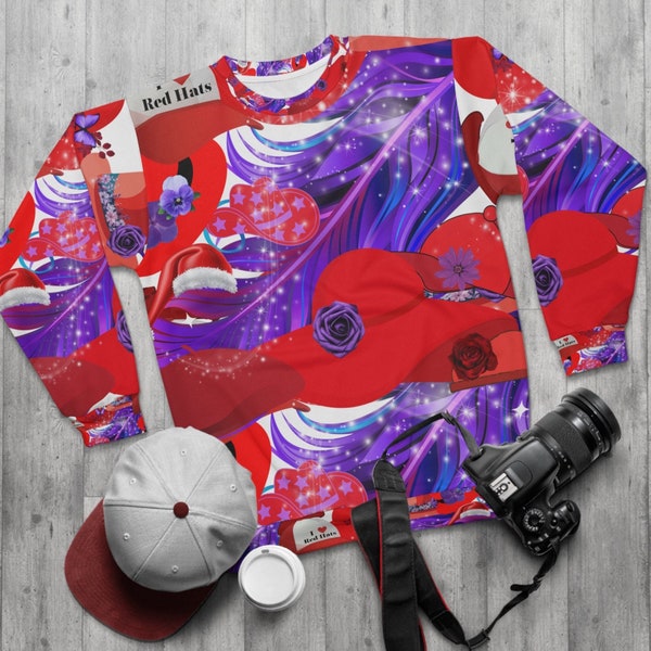 Red Hat Sweatshirt, Red and Purple Sweatshirt, sweatshirt with beautiful red hat print all over shirt See description for size chart