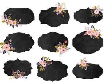 Floral schoolbordlijsten Clipart: scrapbookinglabels (digitale download)