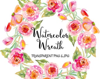 Floral Wreath clipart: "Watercolor Floral Wreath" wedding clipart, watercolor overlay, watercolor clipart, transparent PNG, Commercial use