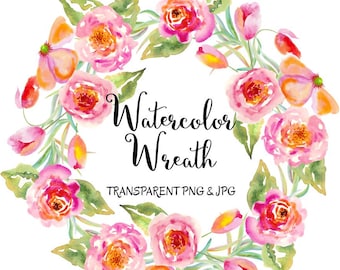 Watercolor Floral Wreath Clipart: Transparent PNG, JPG (10x10 inches)